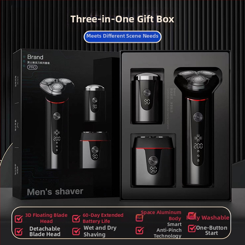 Elektrinis skustuvas su 3 peilių rotacine galvute, bešepetėlinis variklis, įmontuota įkraunama baterija, nuimama ir plaunama galvutė