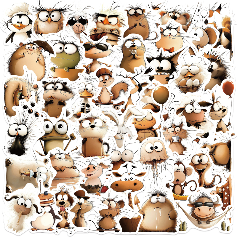 Painted Crow 50 gabalu dzīvnieku grafiti uzlīmes komplekts – pašlīmējošas, ūdensizturīgas drukas, retro stils