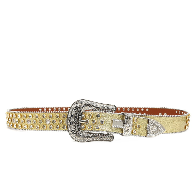 PU ādas josta ar kristāliem, sakausējuma sprādze, adatu aizdare (pin), platums 2–4 cm