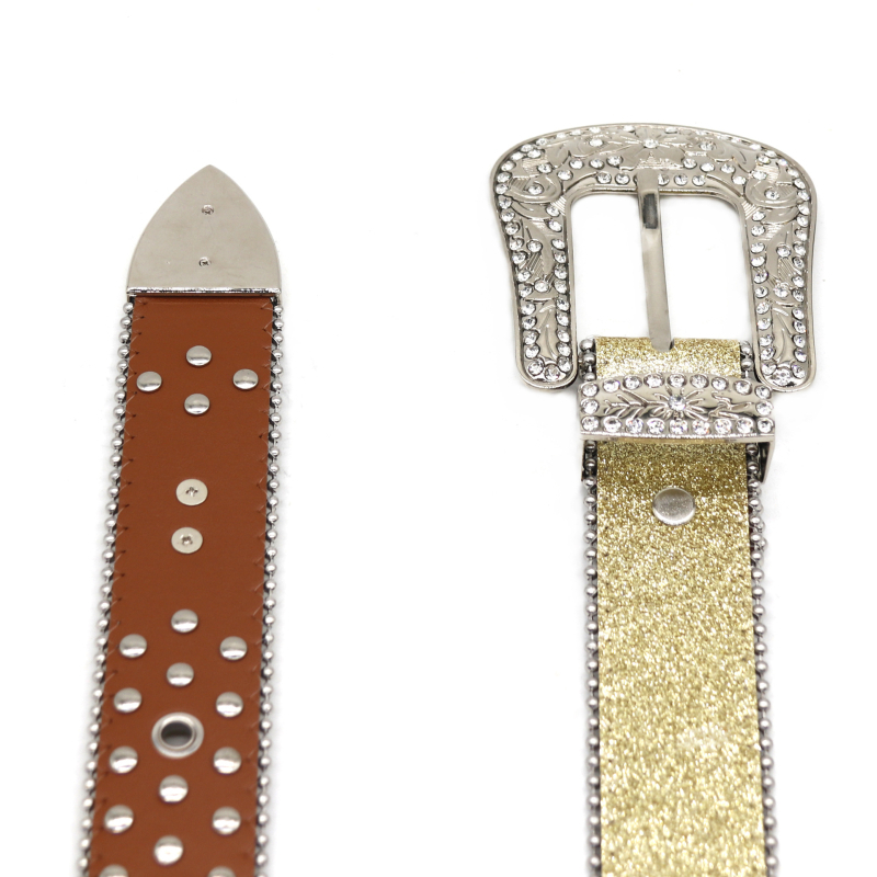 PU ādas josta ar kristāliem, sakausējuma sprādze, adatu aizdare (pin), platums 2–4 cm