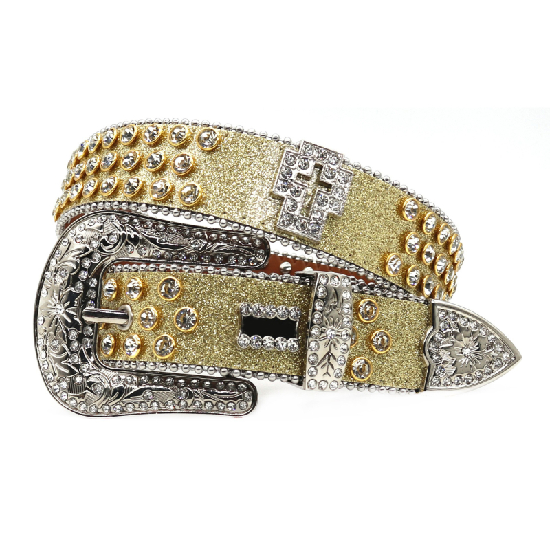 PU ādas josta ar kristāliem, sakausējuma sprādze, adatu aizdare (pin), platums 2–4 cm