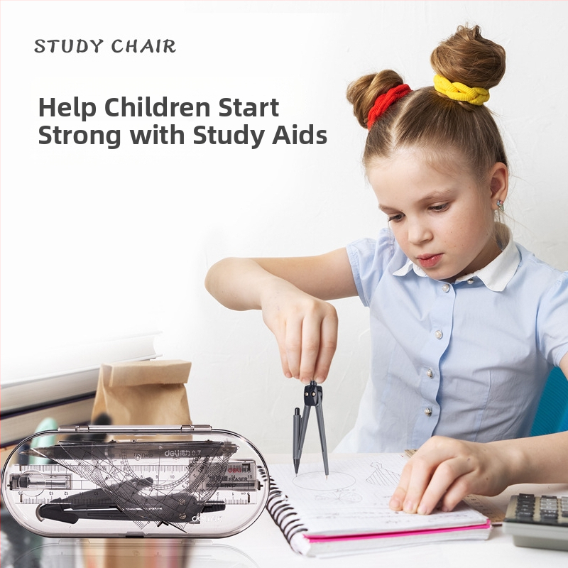 Deli 9591 kancelárska súprava: sada pravítok, kružidlo, pero, guma, náhradná náplň do kružidla