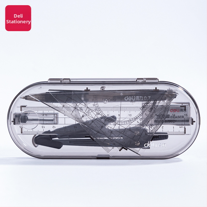 Deli 9591 kancelárska súprava: sada pravítok, kružidlo, pero, guma, náhradná náplň do kružidla