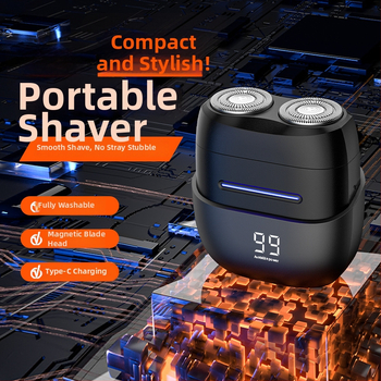 Nešiojamas elektrinės skutimosi priemonės su dviejų ašmenų rotacine galvute, plūduriuojanti galvutė, LED ekranas, įmontuota baterija, 60+ min veikimo laikas