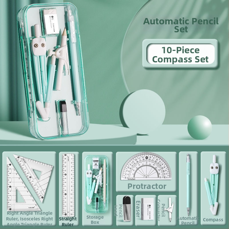 Geomeetria tööriistade komplekt õpilastele (mudel 1003; materjal: plastik; neto kaal: 120 g; komplekt sisaldab kompassi ja joonestusvahendit; pakkimine: karbis)