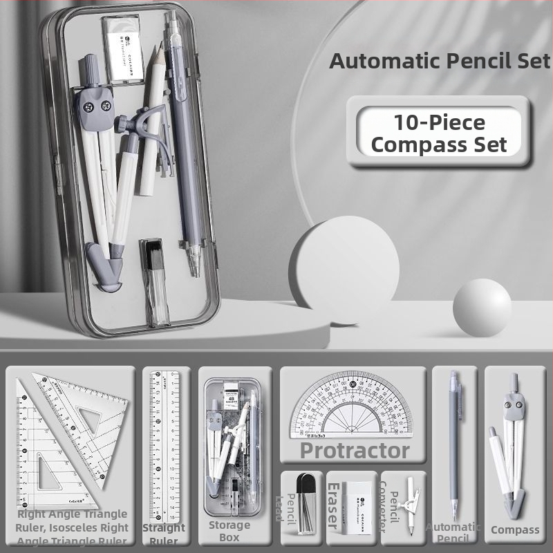 Geomeetria tööriistade komplekt õpilastele (mudel 1003; materjal: plastik; neto kaal: 120 g; komplekt sisaldab kompassi ja joonestusvahendit; pakkimine: karbis)