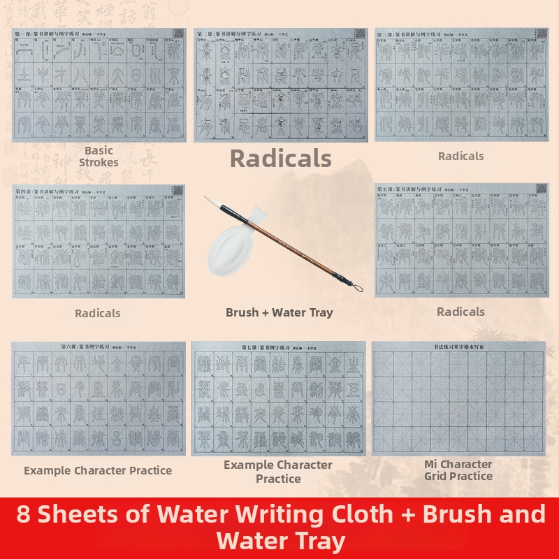 Kalligrafijos praktikos rinkinys: Seal Script šriftas, vaizdo įrašas su sinchronizuotais brėžiniais ir radikaliais, vandens rašymo audinys, šepetėlių rinkinys
