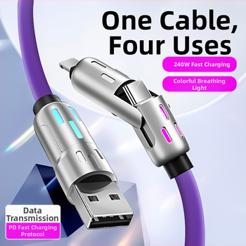 4-in-1 greito įkrovimo duomenų kabelis Apple/Android/Type-C | 240W maksimali galia | Cinko lydinys | 1 į 4 skirstytuvė