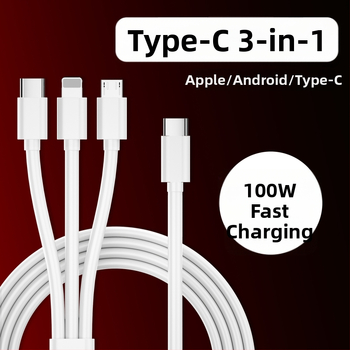 3-in-1 USB-C duomenų kabelis su 100W greitu įkrovimu (Lightning, Micro USB, USB-C) - TPE laidas