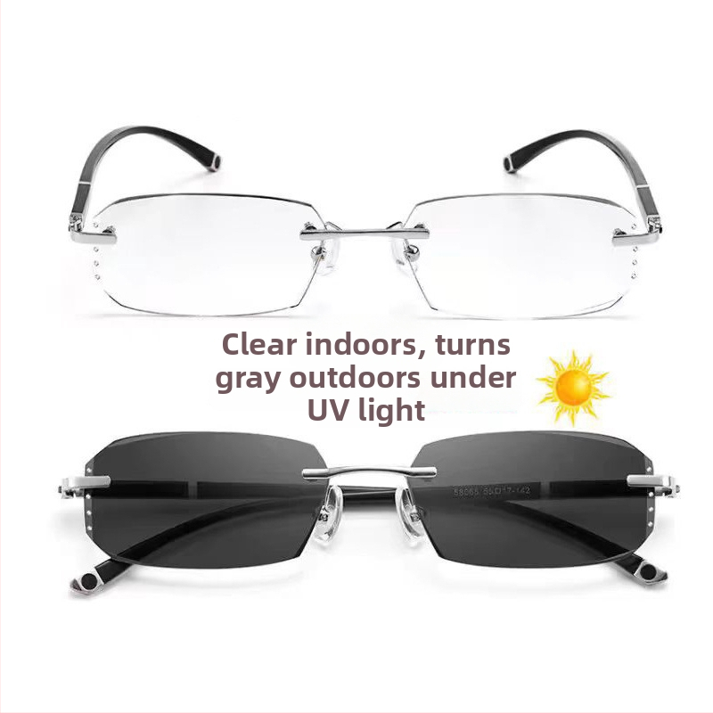 Be rėmelių skaitymo akiniai su deimanto pjovimo kraštu, anti-mėlyna šviesa, fotokromatiniai lęšiai, metalinis/PC rėmas, be rėmelių dizainas, suderinami su dioptrijomis, universalūs