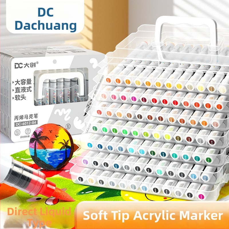 Daiso vedel akrüülmarker pehme otsaga, kihtide virnastamise disain, akvarelliga ühilduv, põhikooli õpilastele, põhipakend