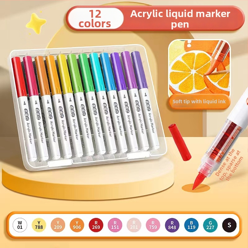 Daiso vedel akrüülmarker pehme otsaga, kihtide virnastamise disain, akvarelliga ühilduv, põhikooli õpilastele, põhipakend