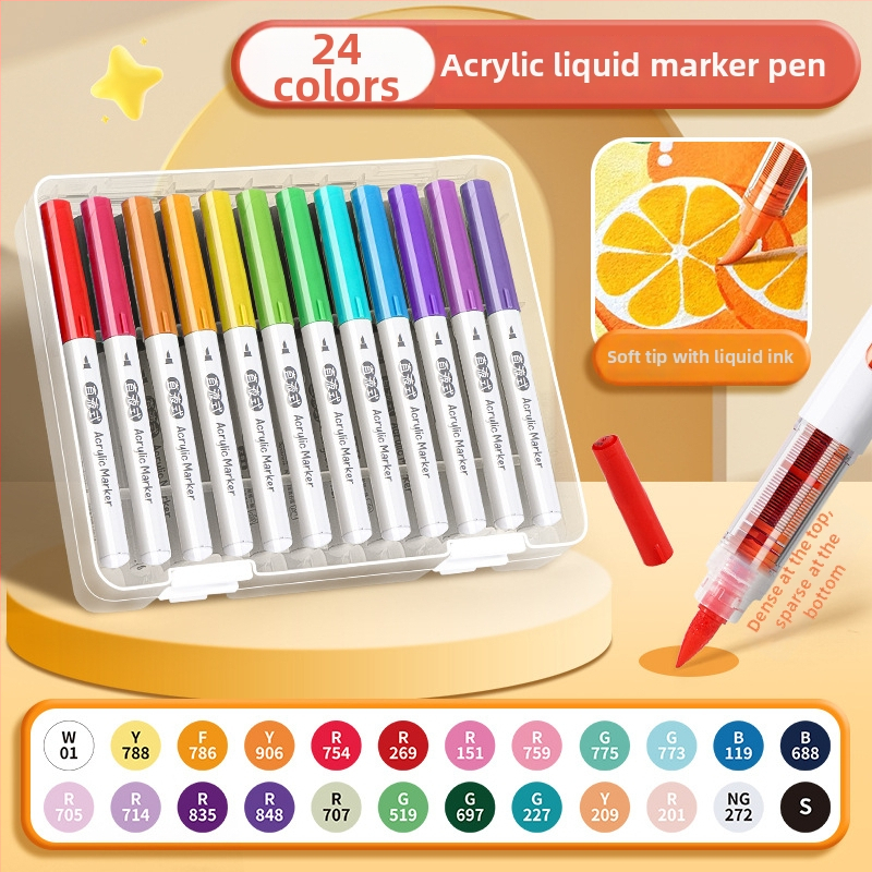 Daiso vedel akrüülmarker pehme otsaga, kihtide virnastamise disain, akvarelliga ühilduv, põhikooli õpilastele, põhipakend