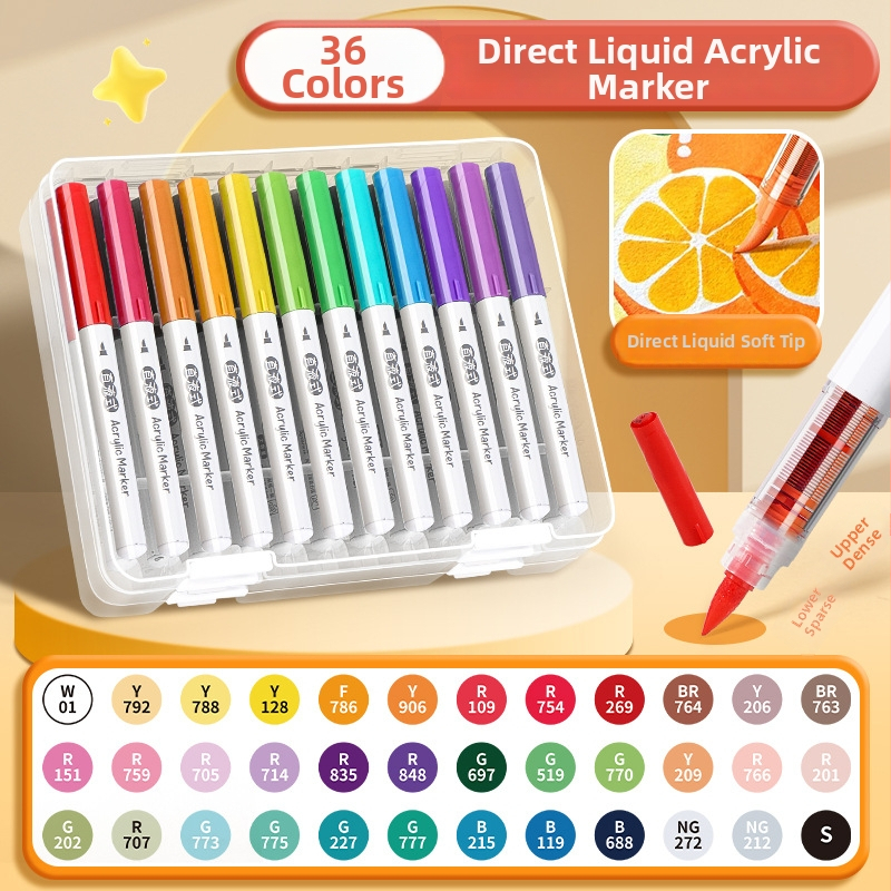 Daiso vedel akrüülmarker pehme otsaga, kihtide virnastamise disain, akvarelliga ühilduv, põhikooli õpilastele, põhipakend