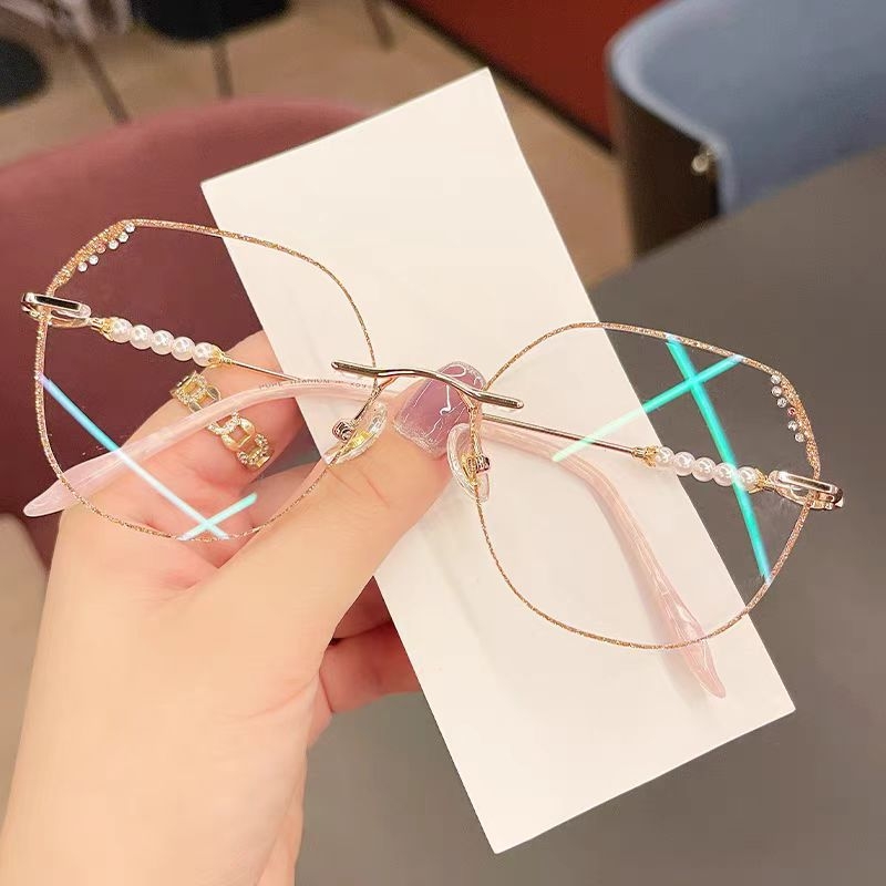 Be rame presbiopinės akinės su deimantiniu pjaustymu kraštų, didelis perlų rėmas, PC objektyvai, prieš mėlyną šviesą