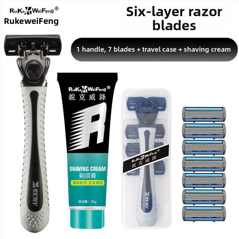 Rankinis skustuvas su šešių sluoksnių peiliukais, senovinis barzdos skustuvas, vyriškas skustuvo stovas