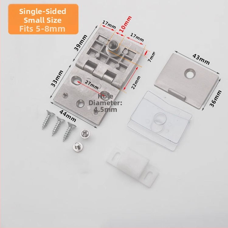 Stiklo durelių vyriukai vitrininėms spintelėms, cinko lydinys, šlifuotas ir blizgus paviršius, modernus minimalistinis stilius, vienpusiška ir dvipusė montavimas