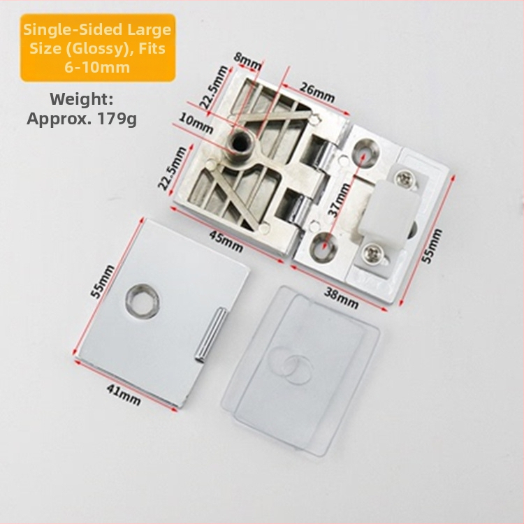 Stiklo durelių vyriukai vitrininėms spintelėms, cinko lydinys, šlifuotas ir blizgus paviršius, modernus minimalistinis stilius, vienpusiška ir dvipusė montavimas