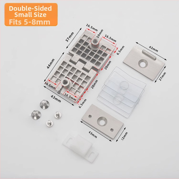 Stiklo durelių vyriukai vitrininėms spintelėms, cinko lydinys, šlifuotas ir blizgus paviršius, modernus minimalistinis stilius, vienpusiška ir dvipusė montavimas