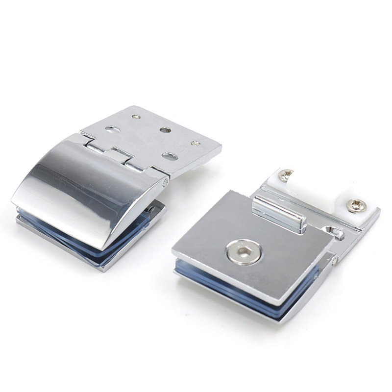 Balama pentru uși de sticlă în dulapuri vitrinate, aliaj de zinc, finisaj periat și lucios, stil modern minimalist, montaj pe o singură parte și bilateral