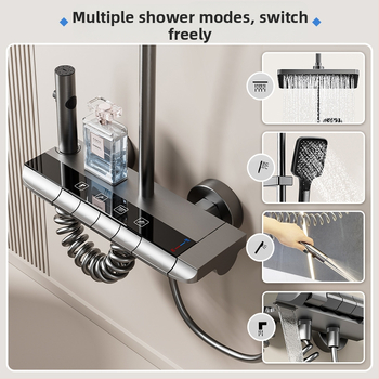 Dušo komplektas su temperatūros kontrole ir purškimo bei lietaus funkcijomis, kvadratinė Space aliuminio galva, YM-4171, paviršinis montavimas