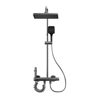 Dušo komplektas su temperatūros kontrole ir purškimo bei lietaus funkcijomis, kvadratinė Space aliuminio galva, YM-4171, paviršinis montavimas