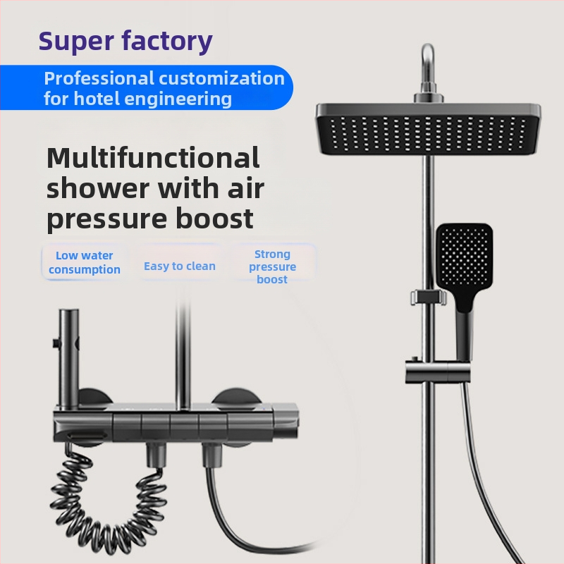 Dušo komplektas su temperatūros kontrole ir purškimo bei lietaus funkcijomis, kvadratinė Space aliuminio galva, YM-4171, paviršinis montavimas