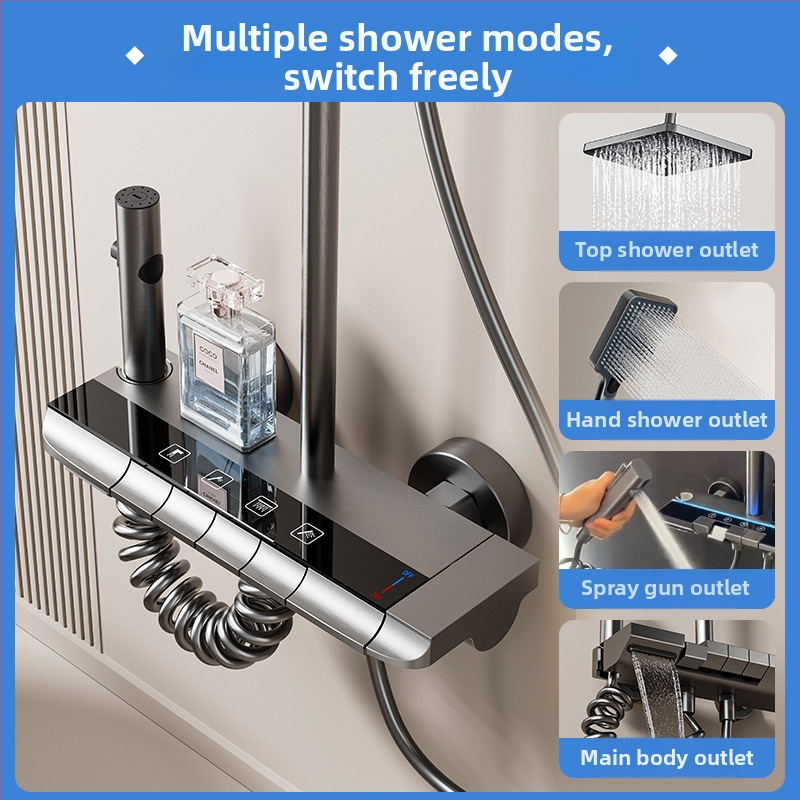 Dušo komplektas su temperatūros kontrole ir purškimo bei lietaus funkcijomis, kvadratinė Space aliuminio galva, YM-4171, paviršinis montavimas