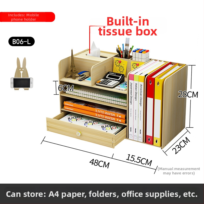 Drevený stolný organizér so zásuvkou a stojanom na knihy, objem 1 l, moderný minimalistický štýl