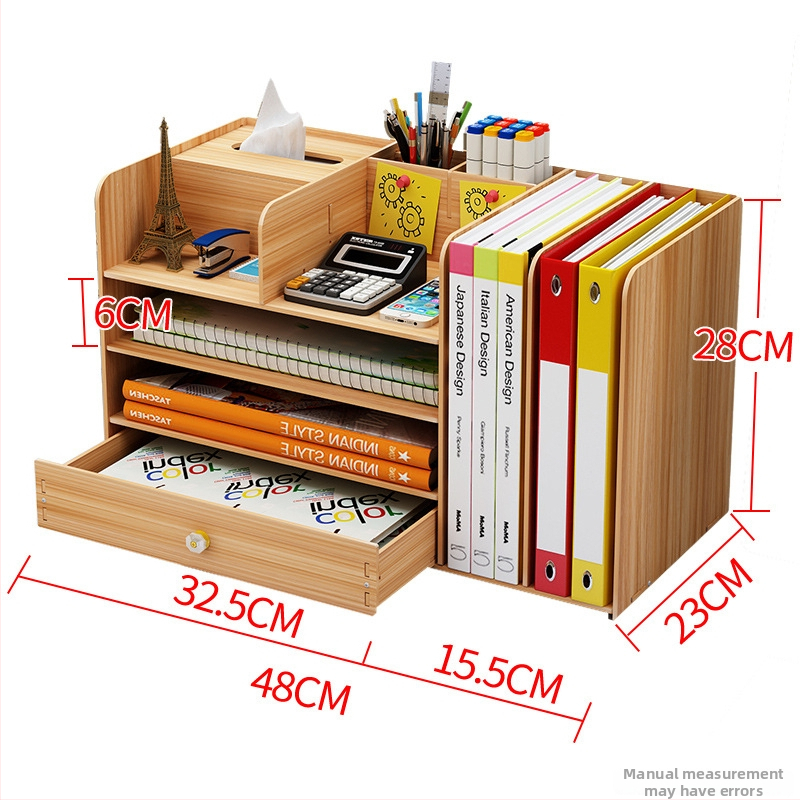 Drevený stolný organizér so zásuvkou a stojanom na knihy, objem 1 l, moderný minimalistický štýl