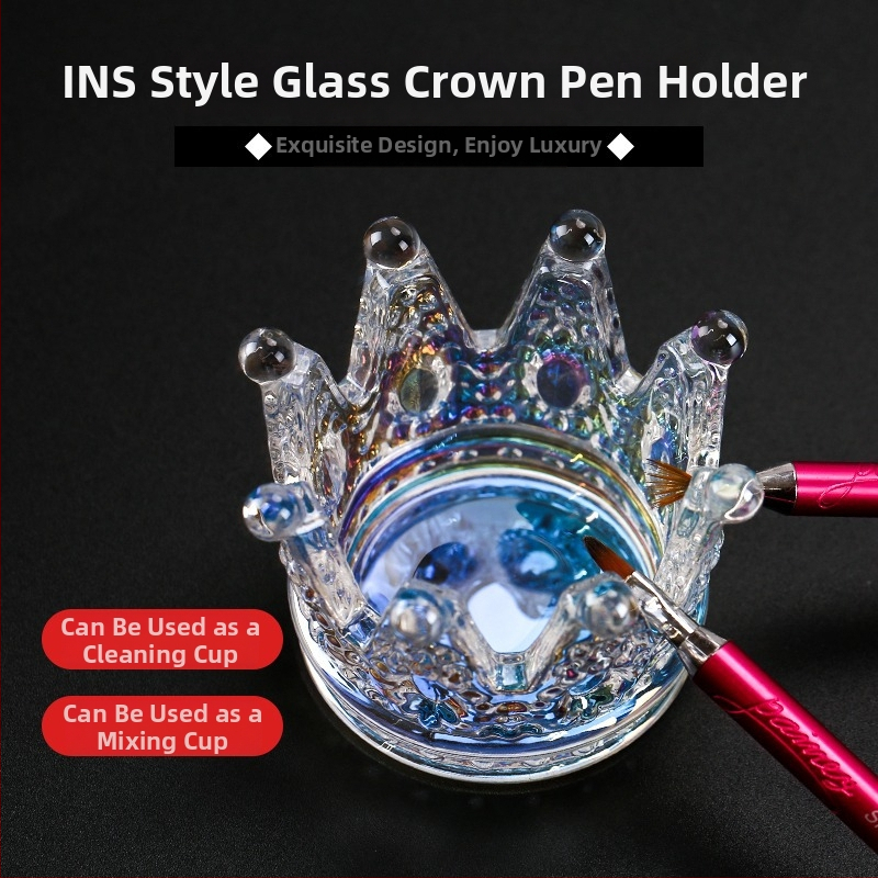 Stiklinis nagų dailės įrankių laikiklis su senovine karūnos reljefu, japonų stiliaus, krištolo puodelis ir plovimo funkcija (grynoji masė 150 g)