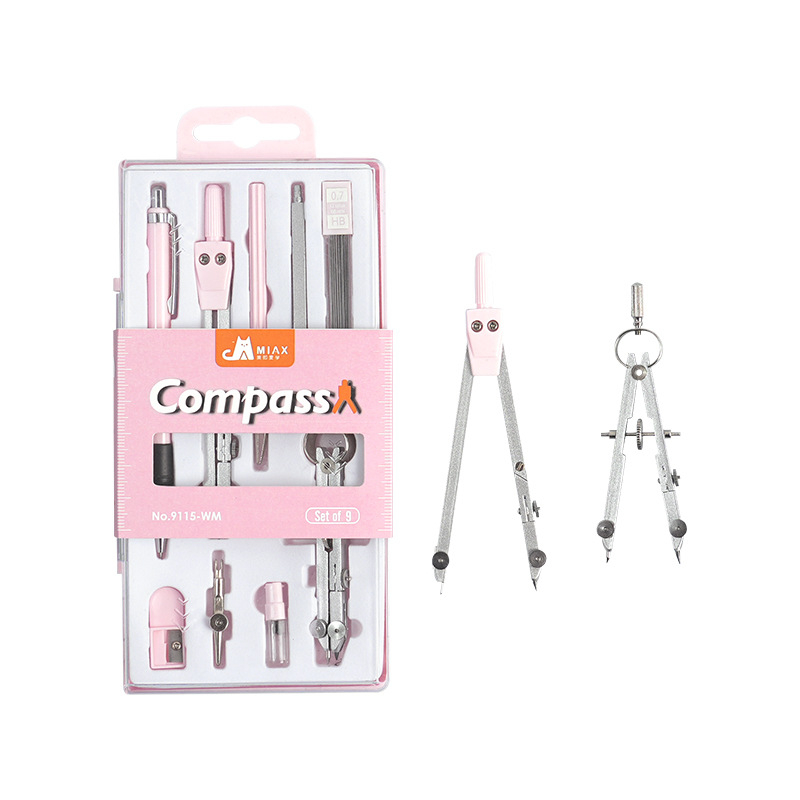 Mokiniams skirtas piešimo kompasų rinkinys, metalinis devynių dalių rinkinys, Duckbill rašiklis dizainui ir egzaminams