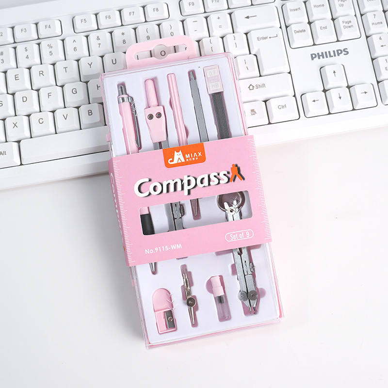 Mokiniams skirtas piešimo kompasų rinkinys, metalinis devynių dalių rinkinys, Duckbill rašiklis dizainui ir egzaminams