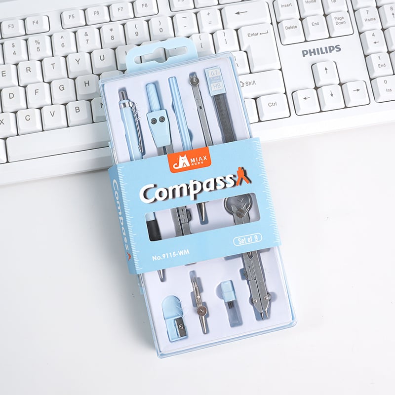 Mokiniams skirtas piešimo kompasų rinkinys, metalinis devynių dalių rinkinys, Duckbill rašiklis dizainui ir egzaminams