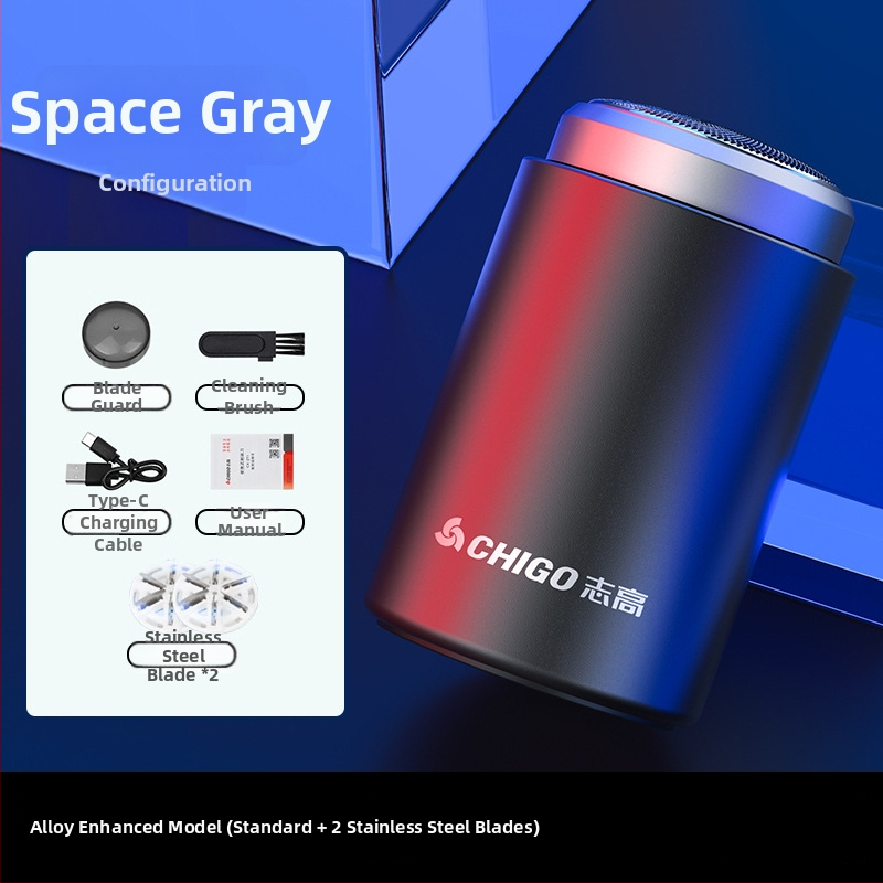 Chigo vīriešu elektriskais skuveklis — kompakts, pārnēsājams, mitram un sauss lietošanai, 1 rotējoša galviņa, iebūvēta 300–500 mAh baterija, līdz 120 min darbībai, mazgājams korpuss