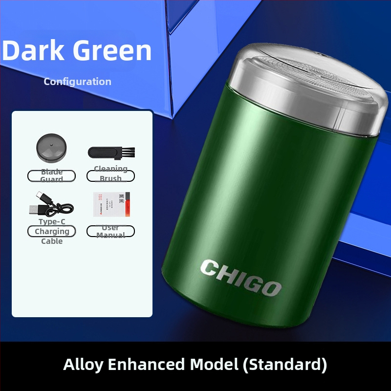 Chigo vīriešu elektriskais skuveklis — kompakts, pārnēsājams, mitram un sauss lietošanai, 1 rotējoša galviņa, iebūvēta 300–500 mAh baterija, līdz 120 min darbībai, mazgājams korpuss