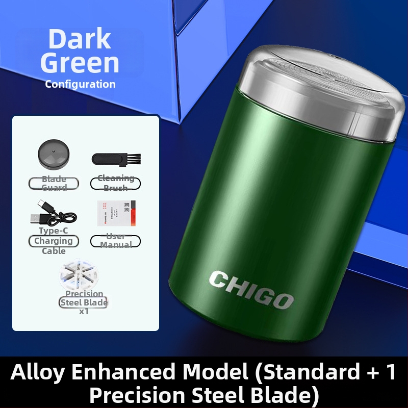 Chigo vīriešu elektriskais skuveklis — kompakts, pārnēsājams, mitram un sauss lietošanai, 1 rotējoša galviņa, iebūvēta 300–500 mAh baterija, līdz 120 min darbībai, mazgājams korpuss