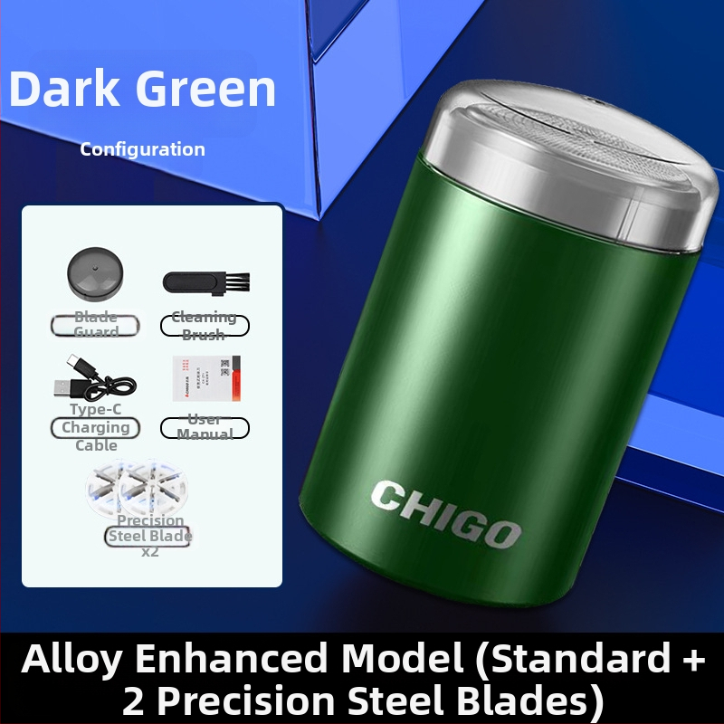 Chigo vīriešu elektriskais skuveklis — kompakts, pārnēsājams, mitram un sauss lietošanai, 1 rotējoša galviņa, iebūvēta 300–500 mAh baterija, līdz 120 min darbībai, mazgājams korpuss