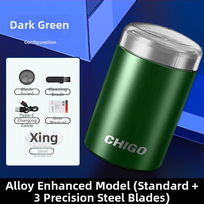 Chigo vīriešu elektriskais skuveklis — kompakts, pārnēsājams, mitram un sauss lietošanai, 1 rotējoša galviņa, iebūvēta 300–500 mAh baterija, līdz 120 min darbībai, mazgājams korpuss