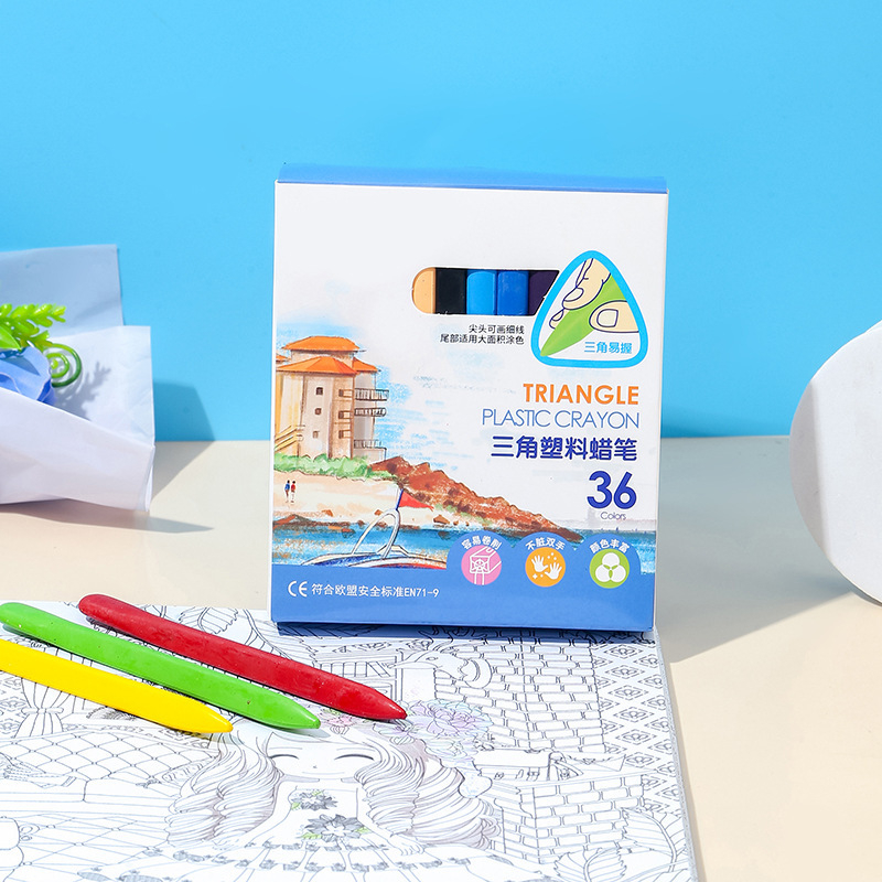 Детски триъгълни пластмасови восъчни моливи – лесно се изтриват, без отпечатано лого, без внос