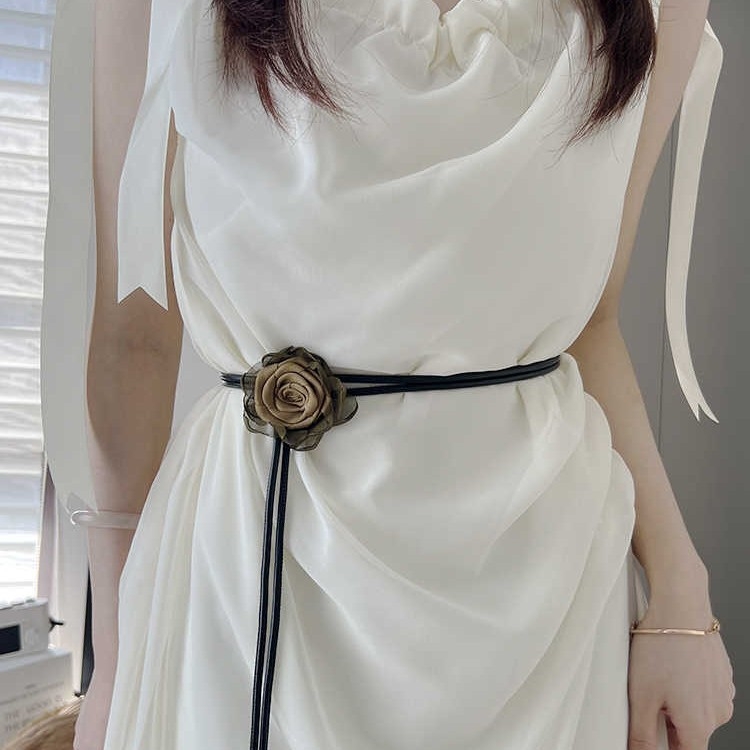 Juosmens grandinėlė su džiovintomis rožių gėlėmis, mazgas diržas, austas audinys, moterims, vasara 2025 leidimas