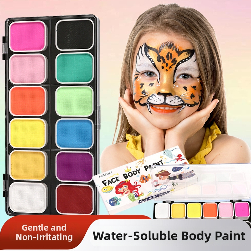 NUKOLO vees lahustuvad kehapigmendid, turvaline materjal, karbis pakendatud palett, kehamaalinguteks, litsentsiga privaatmärgid saadaval