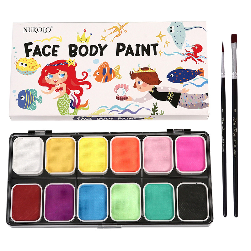 NUKOLO vees lahustuvad kehapigmendid, turvaline materjal, karbis pakendatud palett, kehamaalinguteks, litsentsiga privaatmärgid saadaval