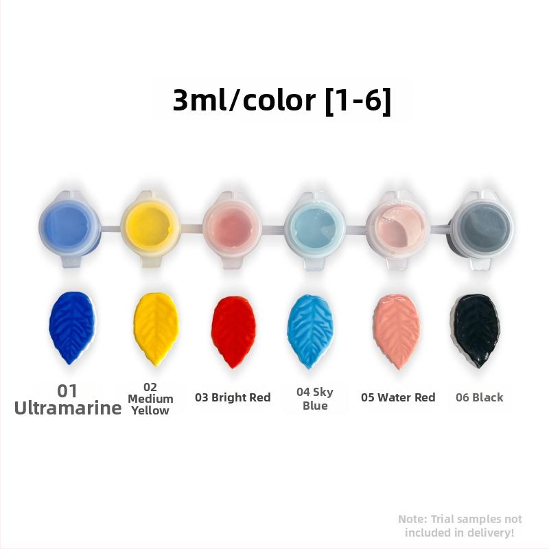 Alglazuuriga keramikapigmendi ribad – mineraalpigmentid, keskmise temperatuuriga glasuur, 3 ml per riba, 6 riba