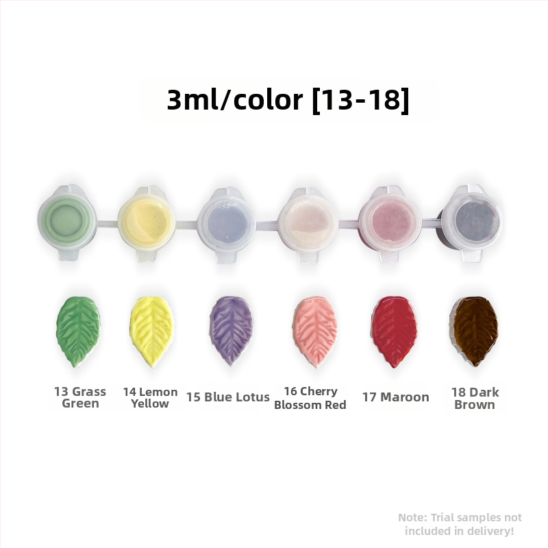 Alglazuuriga keramikapigmendi ribad – mineraalpigmentid, keskmise temperatuuriga glasuur, 3 ml per riba, 6 riba