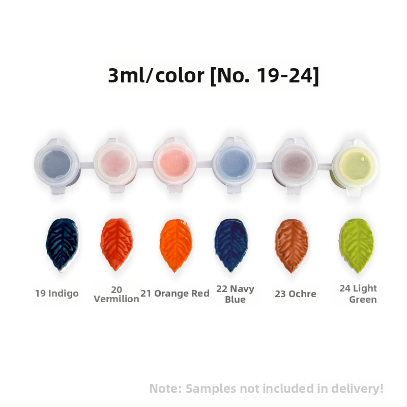 Alglazuuriga keramikapigmendi ribad – mineraalpigmentid, keskmise temperatuuriga glasuur, 3 ml per riba, 6 riba