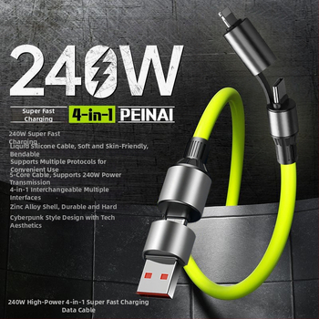 Visenmo silikónový 4v1 dátový kábel USB, Lightning a Type-C — 240W rýchle nabíjanie