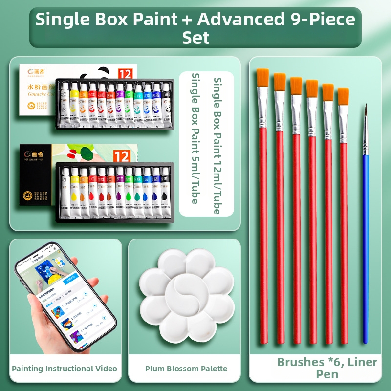 Lastele mõeldud akvarelli-guašš värvipakett, mittetoksiline ja pestav, karbis pakendatud, algkooli õpilastele