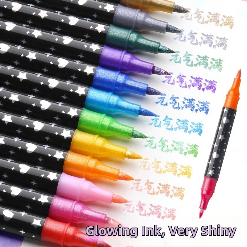 Kahekordse glitteri markerite komplekt pärlmutri otsikuga, vesivärvide ja akrüüll markerid; laia ots; täidetav (Bränd: Jiyu; 24 täite)