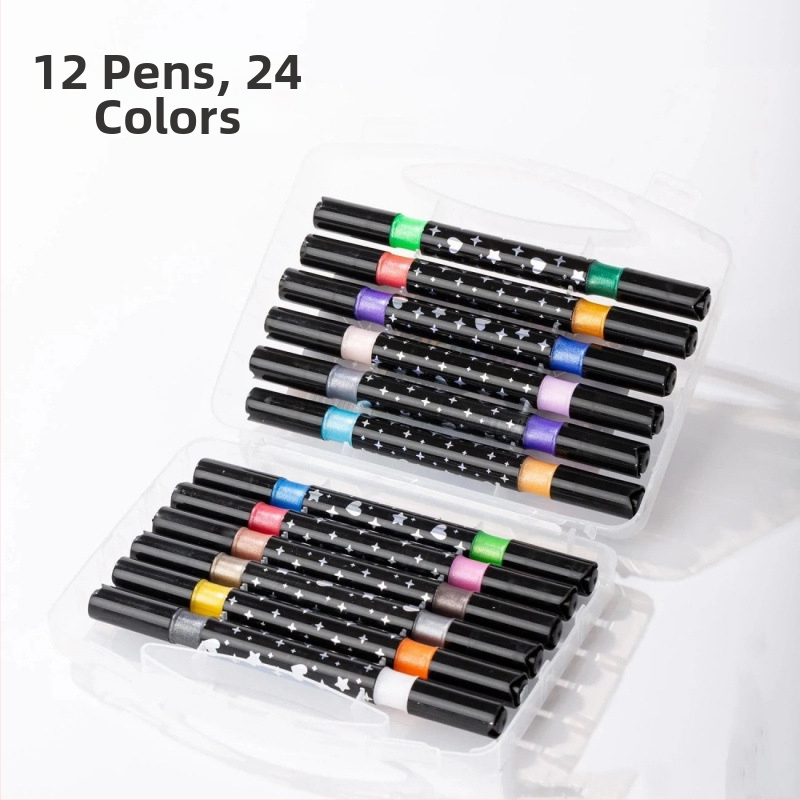 Kahekordse glitteri markerite komplekt pärlmutri otsikuga, vesivärvide ja akrüüll markerid; laia ots; täidetav (Bränd: Jiyu; 24 täite)